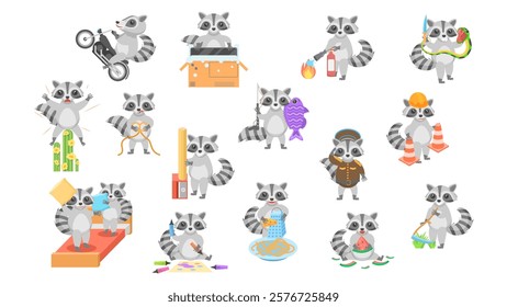 Big Set Abstract Collection Flat Cartoon Different Animal Raccoons Vector Design Style Elements Fauna Wildlife