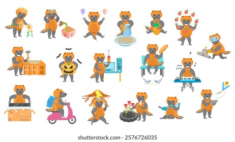 Big Set Abstract Collection Flat Cartoon Different Animal Wolverines Vector Design Style Elements Fauna Wildlife