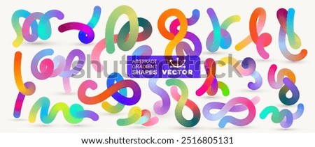 Big set abstract colorful vector gradient shapes, lines, spirals. Graphic with wavy lines in rainbow colors. Template colorful fluid wave pattern. Vector handwritten design squiggly sign elements.