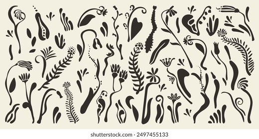 Big set of abstract delicate fancy flower silhouettes, botanical natural pattern, herbal background, isolated elements, scandinavian style