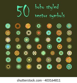 Big set of abstract design flowers. Vector illustration of circular colored variegated symbols. Spirograph boho styled colorful  elements