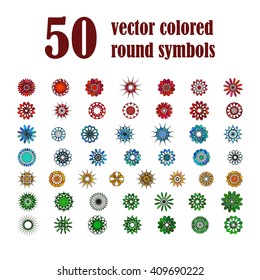 Big set of abstract design flowers. Vector illustration of circular colored variegated symbols. Spirograph colorful  elements