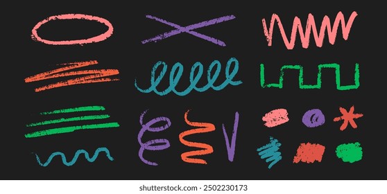 Große Menge abstrakter Kritzeleien und Schnörkel. Verschiedene geometrische Vektorformen in Bleistift und Kreide gezeichnet. Elemente zum Hervorheben von Pinsel mit Bleistift- und Kreidetextur. 