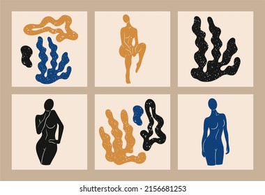 Big set of abstract female silhouettes and plants. Inspired by Henri Matisse. The female body is carved. Flat vector illustration in collage technique isolated.