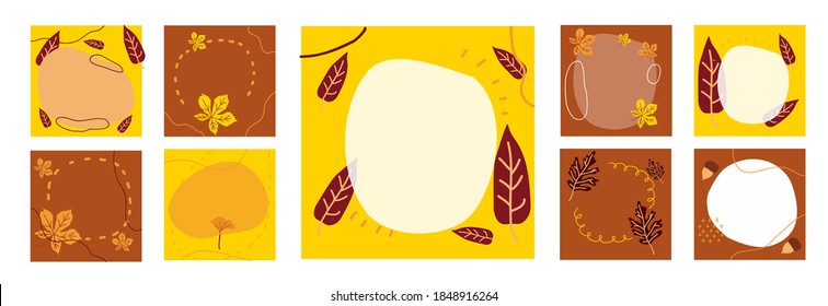 Big set abstract frame with autumn leaves. hand draw doodle shape. Template art design for social media marketing, digital post,wallpaper background, card and advertisements banner. Vector illustratio