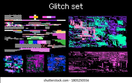 Big set of abstract futuristic pixel art vector elements, glitched  textures and patterns. Computer screen error with digital noise and data decay.