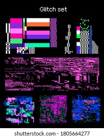 Big set of abstract futuristic pixel art vector elements, glitched textures and patterns. Computer screen error with digital noise and data decay.