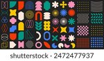 Big set of abstract geometric shapes. Colorful modern brutal forms and figures on black background. Swiss design aesthetic. Decorative design elements.