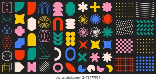 Big set of abstract geometric shapes. Colorful modern brutal forms and figures on black background. Swiss design aesthetic. Decorative design elements.