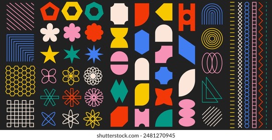 Big set of abstract geometric shapes. Colorful modern brutal forms and figures on black background. Swiss design aesthetic. Decorative design elements.