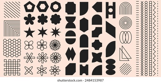 Big set of abstract geometric shapes. Modern brutal forms and figures. Swiss design aesthetic. Decorative design elements.