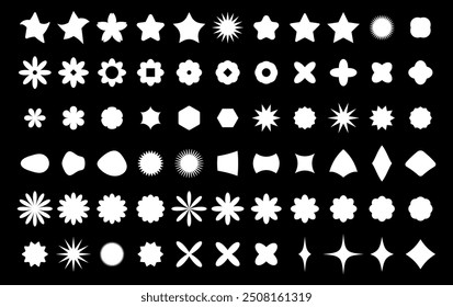 Big set of abstract geometric y2k shapes. Retro brutal elements, figures and forms in white colors on black background. Vector design aesthetic 