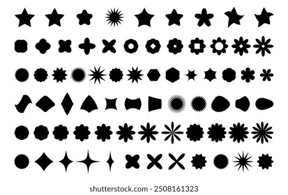 Big set of abstract geometric y2k shapes. Retro brutal elements, figures and forms in black colors on transparent background. Vector design aesthetic 