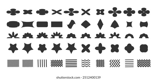 Gran conjunto de Formas y2k geométricas abstractas y Elementos. Figuras y formas brutales retro en colores negros sobre fondo transparente. Estética de diseño de Vector 