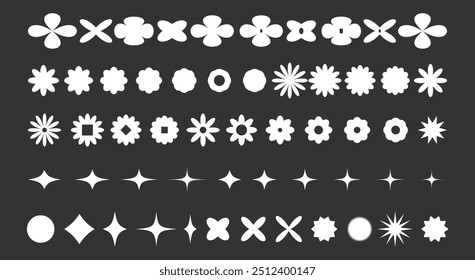 Big set of abstract geometric y2k shapes. Retro brutal elements, figures and forms in white colors on black background. Vector aesthetic 