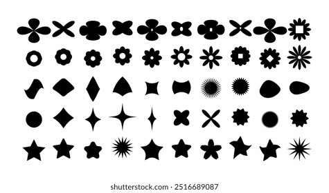 Big set of abstract geometric y2k shapes and elements. Retro brutal figures and forms in black colors on transparent background. Vector aesthetic 