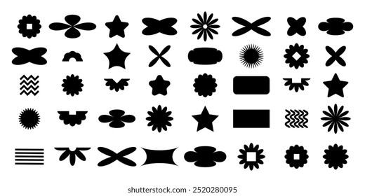 Big set of abstract geometric y2k shapes and elements. Retro brutalist and minimalism figures and forms in black colors on transparent background. Vector illustration 