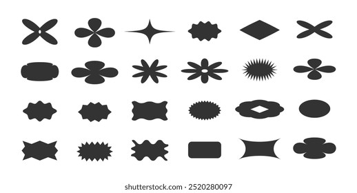 Big set of abstract geometric y2k shapes and elements. Retro brutalist and minimalism figures and forms in black colors on transparent background. Vector aesthetic 