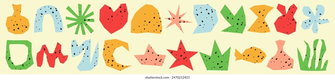 Big set of abstract graphic shapes with vintage texture effect. Bright colorful contemporary shapes and objects. Minimalism elements in modern art style. Trendy isolated vector illustration