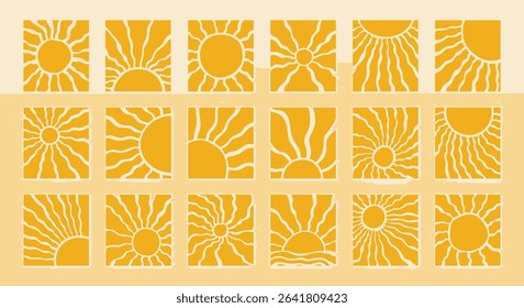 Big set of abstract groovy sun retro collection. yellow vintage sunshine texture background.element summer art decoration