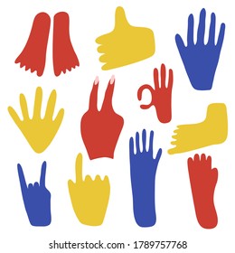Big set with abstract hands and legs in different poses. Hand drawn shapes. Doodle elements. Contemporary color various objects. Trendy modern cartoon vector illustration isolated on white