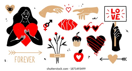 Big set of abstract love elements. Isolated collection of hand drawn romantic symbols: touching hands, flower, girl in love, hearts and arrows. Trendy flat vector illustration