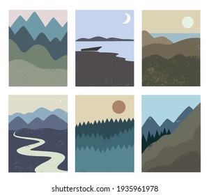 Big set of abstract minimalistic wall poster with nature landscapes, sea, mountains, river and forest. 