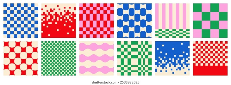 Big set of abstract modern seamless multicolored checkered, vertical and horizontal striped patterns on light background, red, blue and green color, flat style