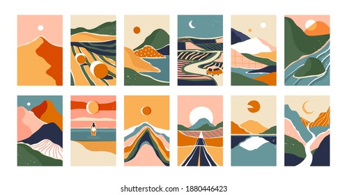 Big set of abstract mountain landscape banner collection. Trendy flat collage art style backgrounds of diverse vintage travel scenery. Nature environment, coast biome, multicolor hills, desert dunes. svg