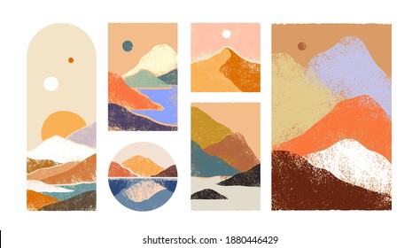 Big set of abstract mountain landscape collection. Trendy hand drawn mural art backgrounds of diverse travel scenery painting. Nature environment, coast biome, multicolor hills, desert dunes.