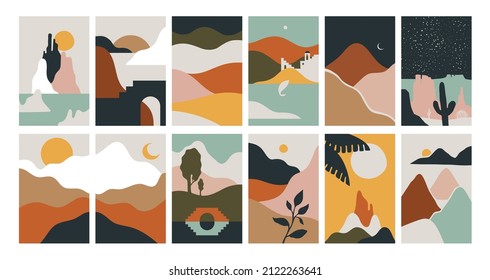 Big set of abstract mountain landscape banner collection. Trendy flat style cartoon backgrounds of diverse vintage travel scenery. Nature environment, winter biome, multicolor hills, desert dunes.