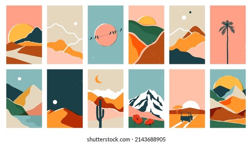 Big set of abstract mountain landscape banner collection. Trendy flat collage art style backgrounds of diverse vintage travel scenery. Nature environment, winter biome, multicolor hills, desert dunes.