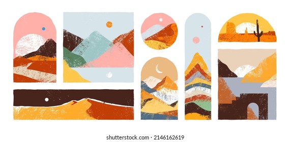 Big set of abstract mountain landscape collection. Trendy hand drawn mural art backgrounds of diverse travel scenery painting. Nature environment, coast biome, multicolor hills, desert dunes.