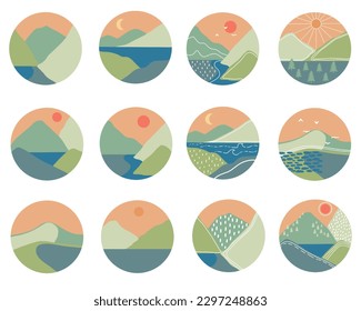 Gran colección de pancartas de paisajes de montaña abstractos. Montañas, río, vistas al mar. Colinas, sol, luna.