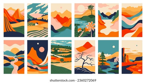 Big set of abstract mountain landscape banner collection. Trendy flat collage art style backgrounds of diverse vintage travel scenery. Nature environment, coast biome, multicolor hills, desert dunes.