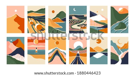 Big set of abstract mountain landscape banner collection. Trendy flat collage art style backgrounds of diverse vintage travel scenery. Nature environment, coast biome, multicolor hills, desert dunes.