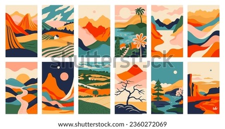 Big set of abstract mountain landscape banner collection. Trendy flat collage art style backgrounds of diverse vintage travel scenery. Nature environment, coast biome, multicolor hills, desert dunes.