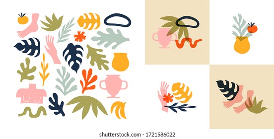 Big set of abstract organic nature shapes and exotic tropical decoration in trendy matisse inspired art style. Modern summer doodle icons on isolated white background with premade designs.