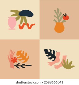 Big set of abstract organic nature shapes and exotic tropical decoration in trendy matisse inspired art style. Modern summer doodle icons on isolated white background with premade designs