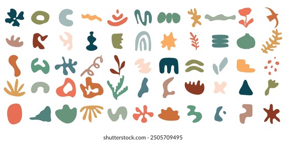 Big set of abstract organic shapes kit, vector irregular hand drawn blob set, organic shapes, liquid form, nature liquid random forms. Vector retro colors set of hand-drawn geometric shapes.
