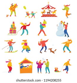 Big set of abstract people doing shopping and winter activities. Vector Christmas winter design.