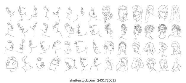 Big Set of abstract portrait in one line style. Woman beauty fashion concept. - Vector illustration