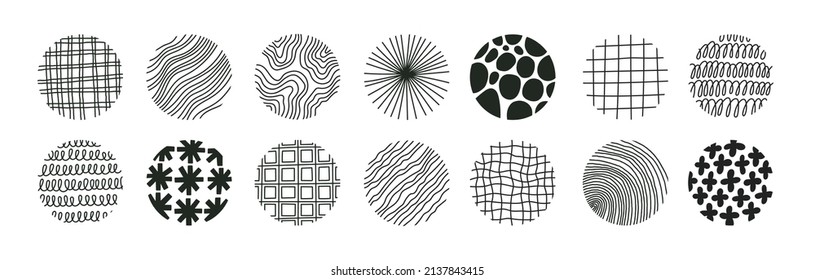 Big set of abstract round icons with geometric patterns. Can be used as social media covers, icons, stickers, background. Hand drawn vector illustration. Black and white colors.