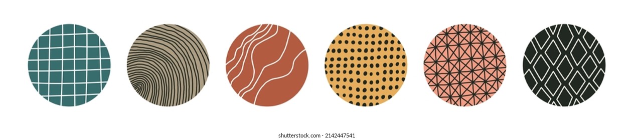 Gran conjunto de iconos redondos abstractos con patrones geométricos. Se puede usar como portadas de medios sociales, íconos, pegatinas, fondo. Ilustración vectorial dibujada a mano. Diseño colorido.