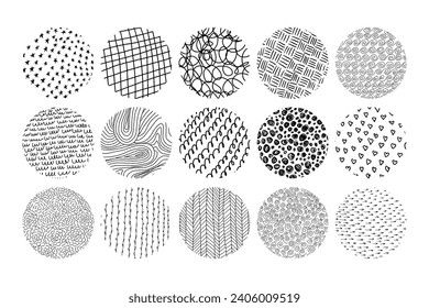 Big set of abstract round ink hand drawn textures or backgrounds. Vector isolated doodle waves, scribbles, lines, circles, hearts, arrows