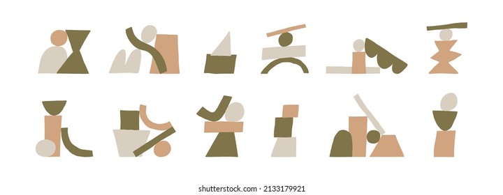 Big set with abstract shapes. Compositions with geometric figures. Nice calm colors. Isolated vector illustration on white background.