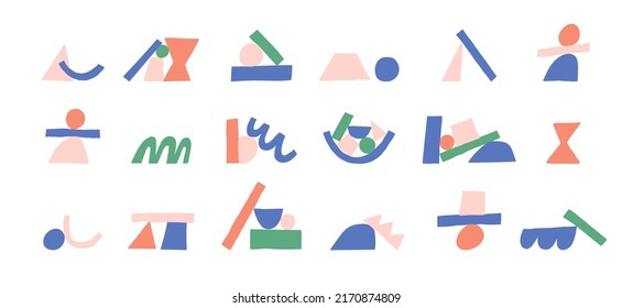 Big set with abstract shapes. Compositions with geometric figures. Cute design in trendy colors. Hand drawn vector illustration isolated on white background.