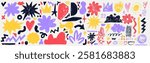 Big set of abstract shapes sticker pack. Vector crown, flower, bubble, star, squiggly, arrow in trendy style. Collection of drawing doodle charcoal squiggles, chalk curly. Pencil rough highlighters.