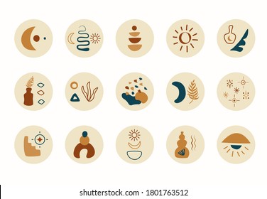 Big Set Of Abstract Story Highlight Cover. Hand Drawn Doodle Shapes Boho Contemporary Style. Vector Round Social Media Stories For Bloggers