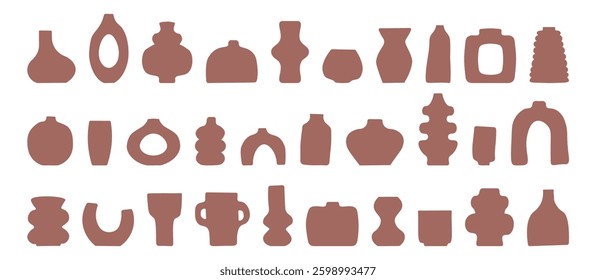 Big set of abstract vase silhouettes in brown. Various modern, geometric pottery designs. Cozy home decor handmade boho. Vector  illustration